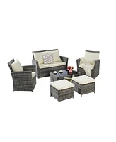 6 Piece Wicker Patio Furniture Set with Ottoman and Tempered Glass Coffee Table