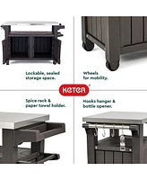 Keter Unity Xl Outdoor Kitchen Rolling Bar Cart with Storage Cabinet, Brown