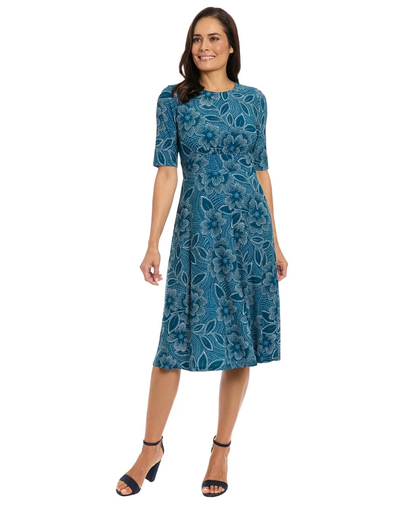 London Times Petite Shirred Short-Sleeve Midi Dress