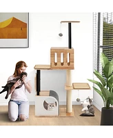 Modern Tall Cat Tower with Double Condos with Dangling Balls and Sisal Carpets