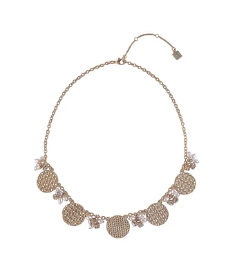 Laundry by Shelli Segal Textured Gld Tone Disc Frontal Necklace with Pearl Accents