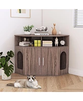 Corner Cat Litter Box Enclosure with Storage Shelves and Double Doors