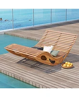 Gymax 2PCS Outdoor Double Chaise Lounge for 2 w/ High Back Slatted Seat Stopper Patio