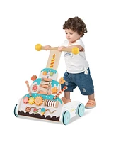 Slickblue Toddler Wooden Walker with Adjustable Heights and Smooth Wheels-White