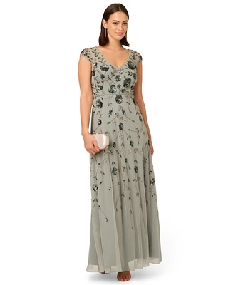 Adrianna Papell Women's V-Neck Beaded Mesh Dress