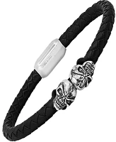 Steeltime Men's Black Braided Leather and Stainless-Steel Skulls Bracelet