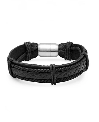 Steeltime Men's Genuine Black Leather Bracelet with Stainless Steel Magnetic Clasp