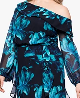 Xscape Plus Printed Asymmetrical-Neckline Long Dress