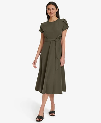 Calvin Klein Women's Tulip-Sleeve Tie-Waist A-Line Dress