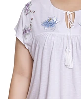 Ny Collection Plus Embroidered Yoke Extended Sleeve Top