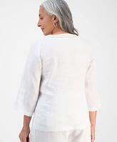 Charter Club Petite Embellished V-Neck 3/4-Sleeve Linen Top, Exclusively at Macy's