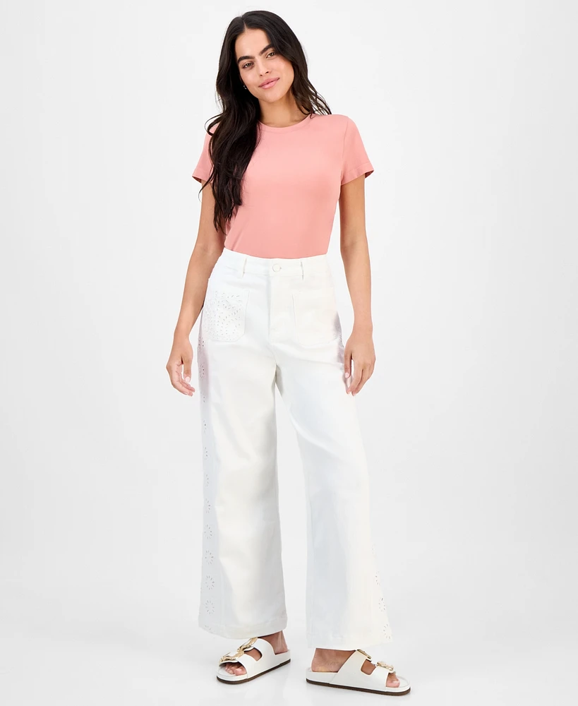 And Now This Petite Eyelet-Embroidered Wide Leg Jeans, Exclusively at Macy's