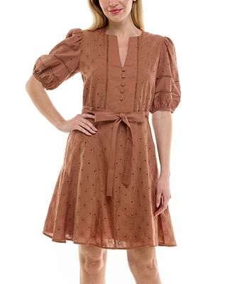 Taylor Petite Split-Neck Puff-Sleeve Fit & Flare Dress