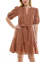 Taylor Petite Split-Neck Puff-Sleeve Fit & Flare Dress
