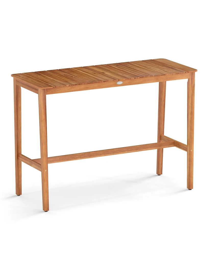 Acacia Wood Counter Height Table with Slatted Tabletop and Footrest Crossbar