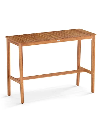 Acacia Wood Counter Height Table with Slatted Tabletop and Footrest Crossbar