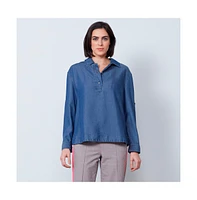 Etcetera Women's Chambray-Look Popover Blouse Strait