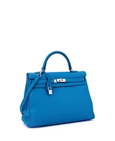 Pre-Owned Hermes Kelly 35 Handbag Blue Clemence with Palladium Hardware