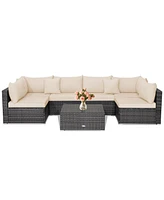 7 Pieces Patio Rattan Furniture Set with Sectional Sofa Cushioned
