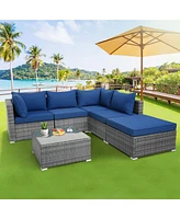 6 Pieces Outdoor Rattan Sofa Set with Seat and Back Cushions