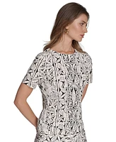 Halston Women's Printed Zipper-Shoulder Crewneck Top
