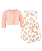 Hudson Baby Girls Cotton Dress and Cardigan Set, Sweet Peach