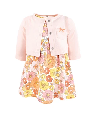 Hudson Baby Girls Cotton Dress And Cardigan Set, Peach Love Flowers