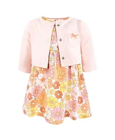 Hudson Baby Girls Cotton Dress And Cardigan Set, Peach Love Flowers
