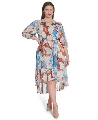 Calvin Klein Plus 3/4-Sleeve Chiffon Midi Dress