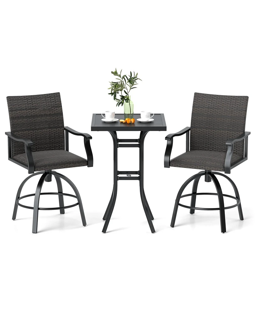 3 Pieces Pe Wicker Patio Swivel Bar Set with Quick-Drying Foam