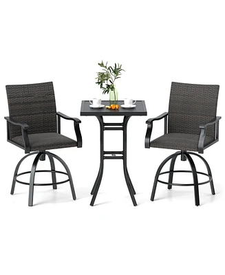 3 Pieces Pe Wicker Patio Swivel Bar Set with Quick-Drying Foam