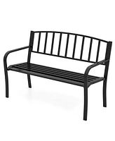 Outdoor Garden Bench with Slatted Backrest and Curved Armrests