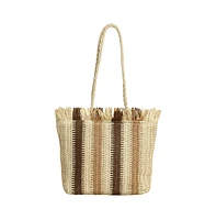 Women's The Straw-Striped Tote Bag - Ecru Beige:Mocha Brown