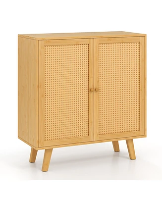 Wicker Buffet Storage Cabinet with Pe Rattan Doors and Freestanding Kitchen Cupboard