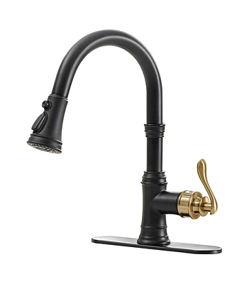 Single-Handle Pull-Down Sprayer 3 Spray High Arc Kitchen Faucet With Deck Plate Oil Gold&Black