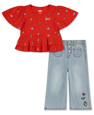 Levi's Little Girls 2-Piece Peplum Top and Wide Jeans Set