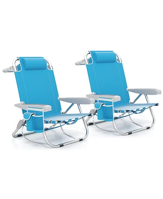 Foldable Backpack Beach Chair with Cup Holder and Storage Pockets Set of 2