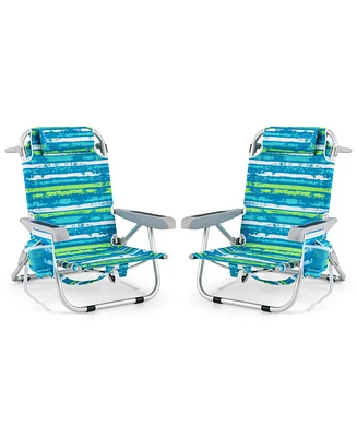 Foldable Backpack Beach Chair with Cup Holder and Storage Pockets Set of 2