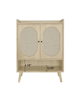 High Storage Cabinet with 2 Rattan Doors Freestanding Shoe Cabinets with Built-in Adjustable Shelf Hallway Entryway Cabinets