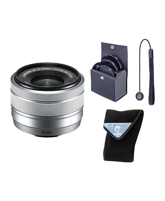 Fujifilm Xc 15-45mm f/3.5-5.6 Ois Pz Lens, Silver, Bundle with 52mm Essentials Filter Kit, Lens Wrap and Lens Cap Tether