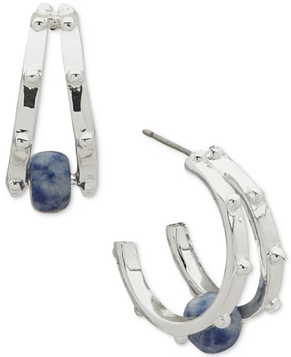 Anne Klein Silver-Tone Blue Beaded Two Row Hoop Earrings