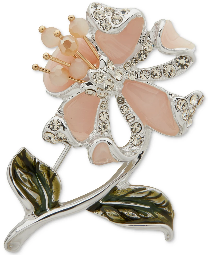 Anne Klein Silver-Tone Pink Crystal Flower Pin