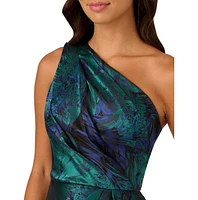 Adrianna Papell Women's Jacquard Printed Asymmetric One-Shoulder Gown