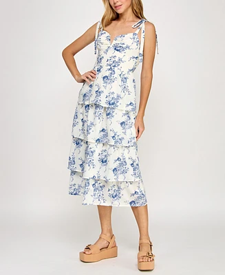 Crystal Doll Juniors' Floral Print Tie-Shoulder Tiered Dress