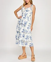 Crystal Doll Juniors' Floral Print Tie-Shoulder Tiered Dress