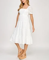 Crystal Doll Juniors' Cotton Eyelet Tie-Back Tiered Dress