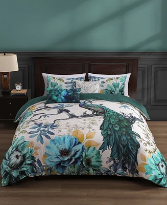 Bebejan Peacock Jardin Bedding 100% Cotton Sateen 5 Piece Queen Size Reversible Comforter Set