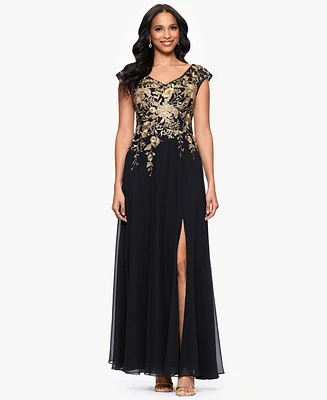 Betsy & Adam Petites Chiffon V-Neck Long A-Line Dress