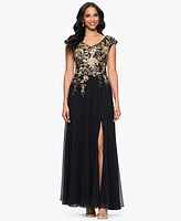Betsy & Adam Petites Chiffon V-Neck Long A-Line Dress