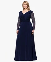 Betsy & Adam Plus V-Neck Beaded Long A-Line Dress